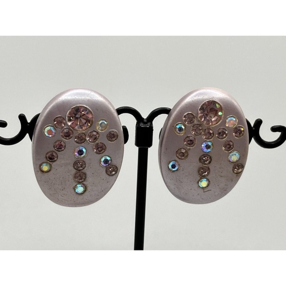 Vintage Lavender Rhinestones Lavender Chunky Clip On Earrings! - Picture 2 of 6